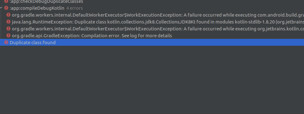 Duplicate class errors log on android studio